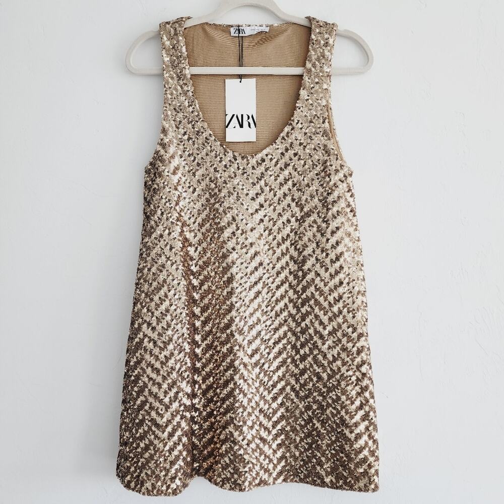 Zara Gold Sequin Sleeveless A-Line Mini Dress Scoopneck Sleeveless Size Small - Picture 5 of 10